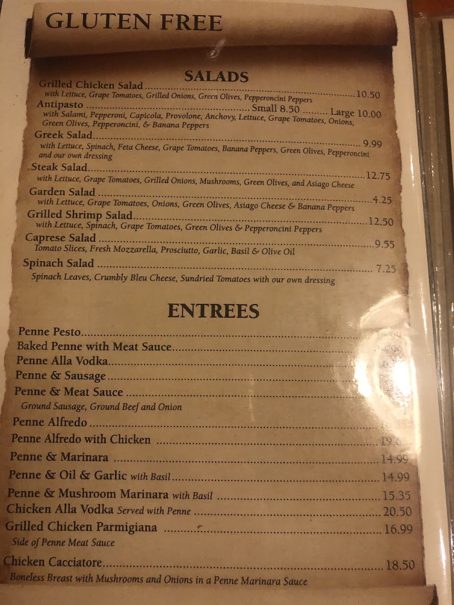 Vic's Italian Restaurant gluten-free menu