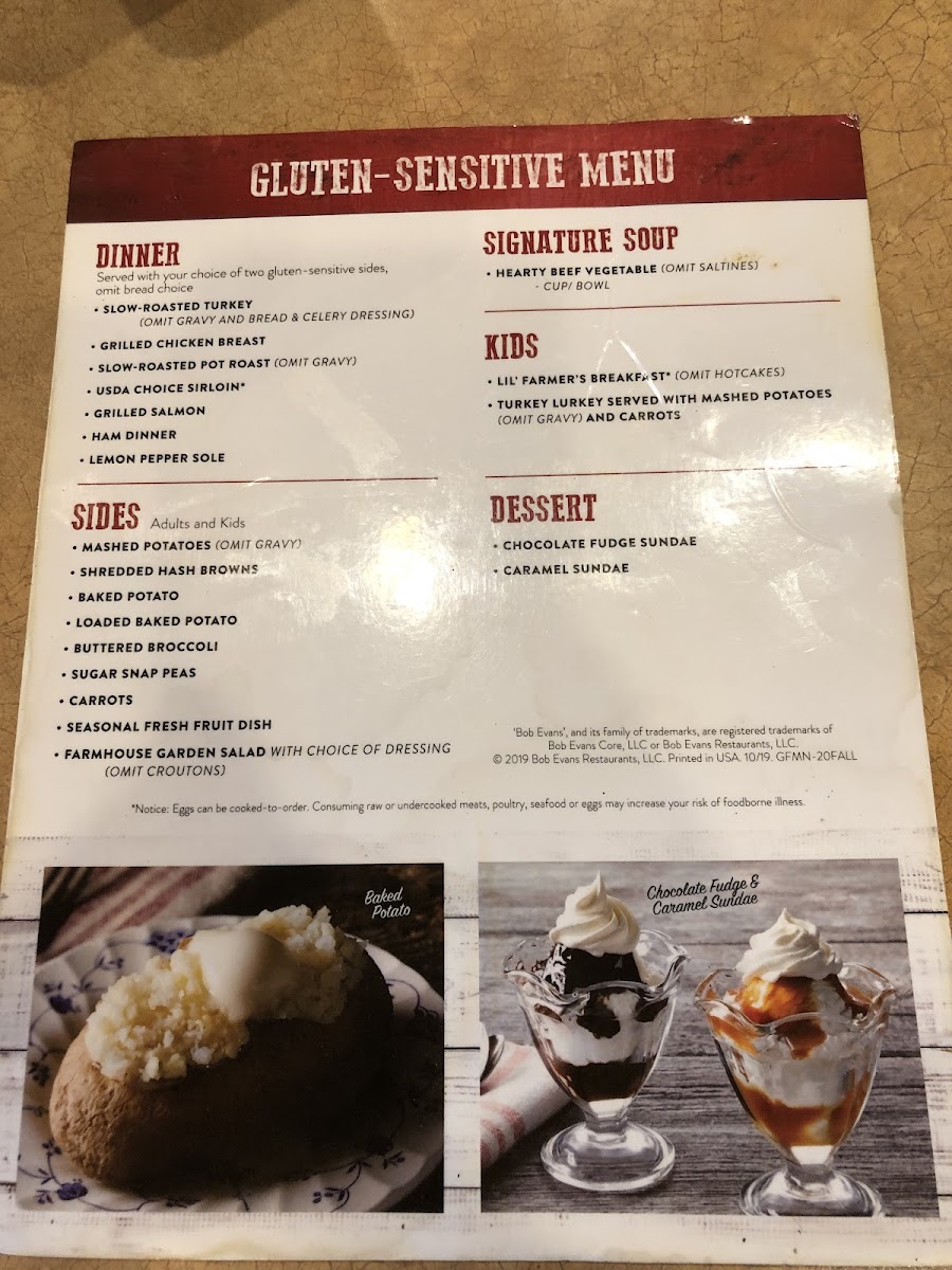 Bob Evans gluten-free menu