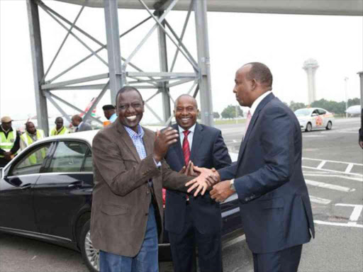 DP William Ruto with Senate Majority leader Kindiki Kithure and National Assembly Majority leader Aden Duale at JKIA before the DP left for the Hague Photo/DPPS
