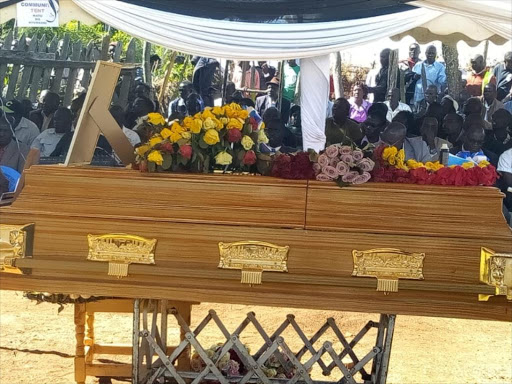 The coffin bearing the remains of former Kakamega DC Paul Yatich's wife Loise at his Talai rural home in Baringo Central Sub-county where she was laid to rest on Thursday. /JOSEPH KANGOGO