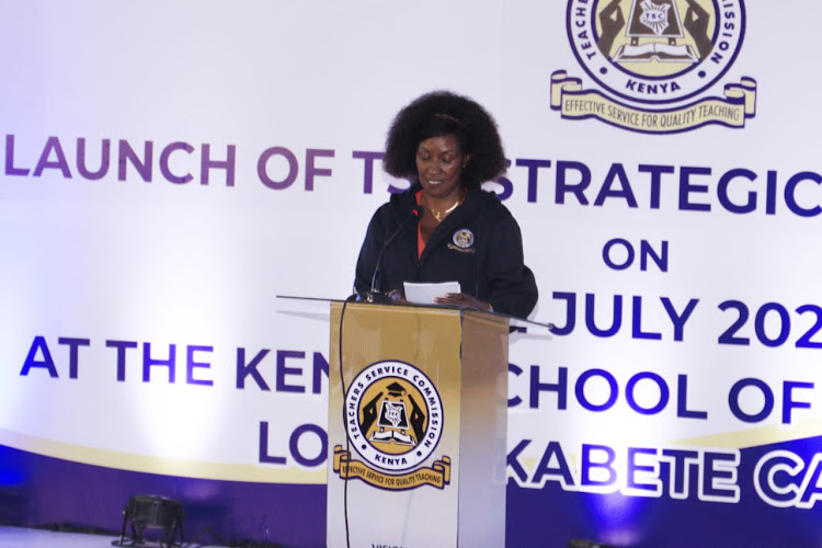 Teachers Service Commission CEO, Nancy Macharia, during the launch of the Teachers Service commission strategic plan 2023-2027 event at Kenya School of Government on July 6, 2023