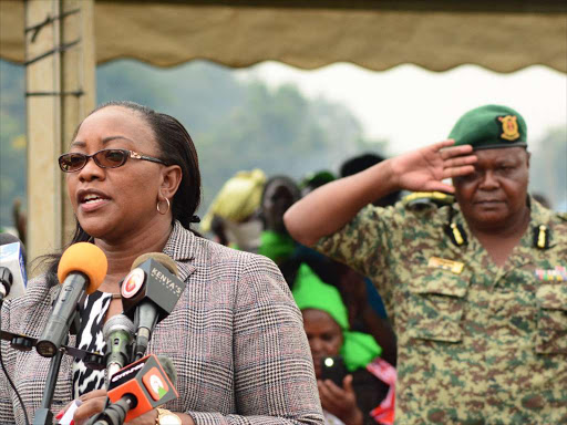 Public Service CS Sicily Kariuki during the launch of the National Youth Service empowerment programme at Kibra yesterday / FAITH MUTEGI