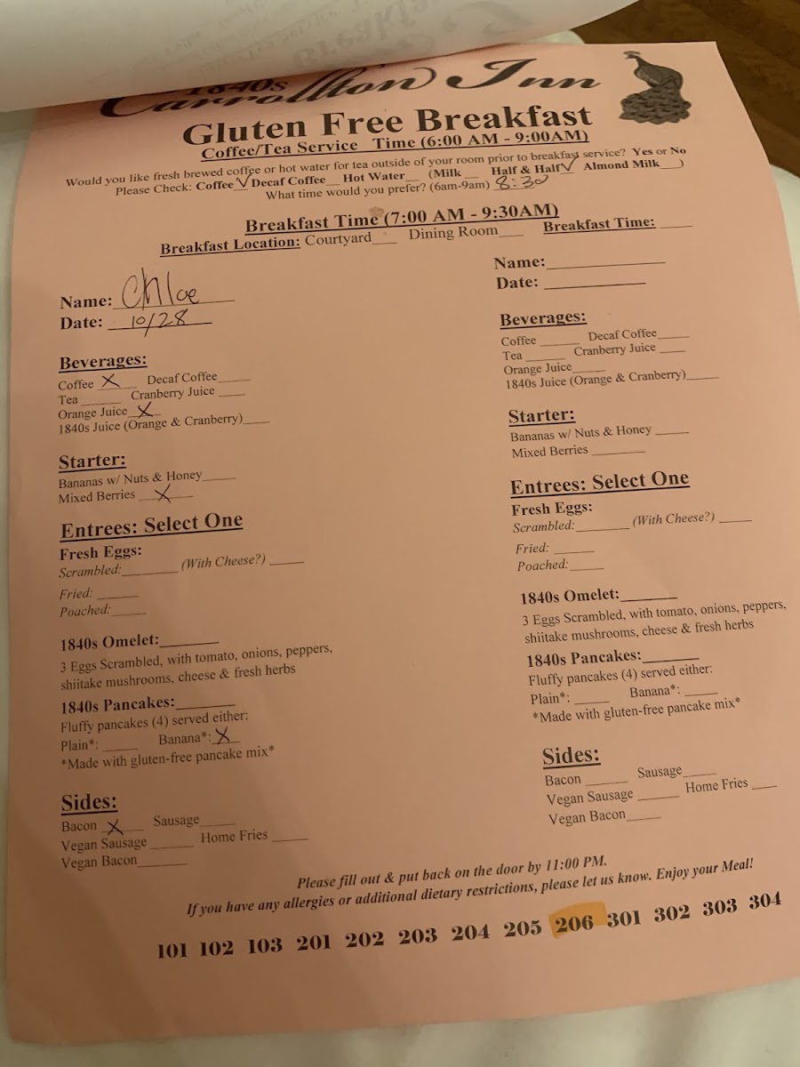 Gluten Free Menu to Fill Out