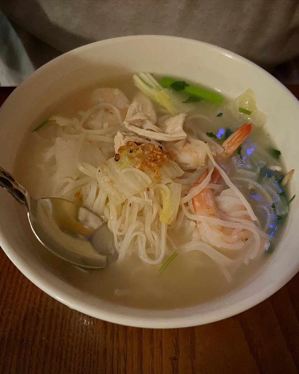 Spring Noodle Soup - spicy sour soup with noodles, chicken, shrimp, bean sprouts and green onion
