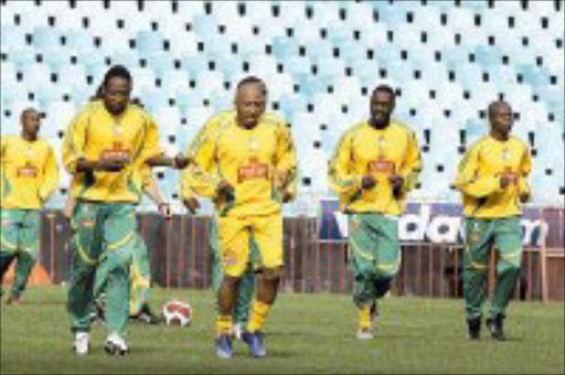 READY: Bafana Bafana players during the training at Ellis Park stadium in Johannesburg yesterday. Pic. Veli Nhlapo. 27/03/07. © Sowetan.