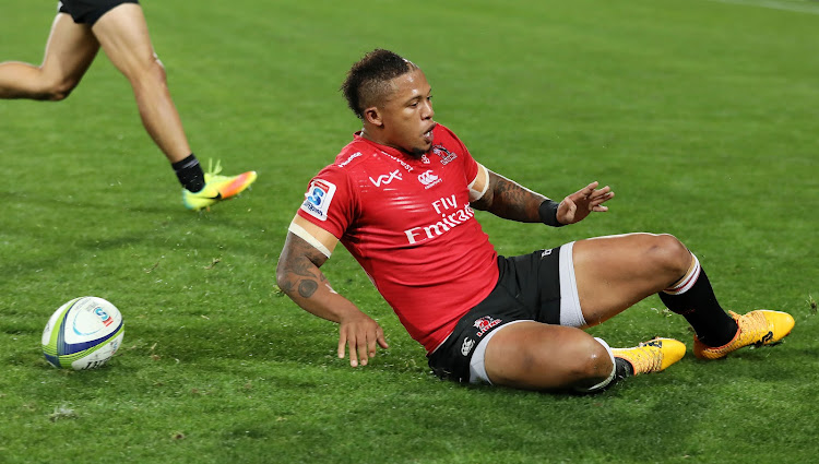 The Lions' flyhalf Elton Jantjies scores a try during the 2017 Super Rugby match against the Sunwolves at the Ellis Park Stadium, Johannesburg South Africa on 01 July 2017.