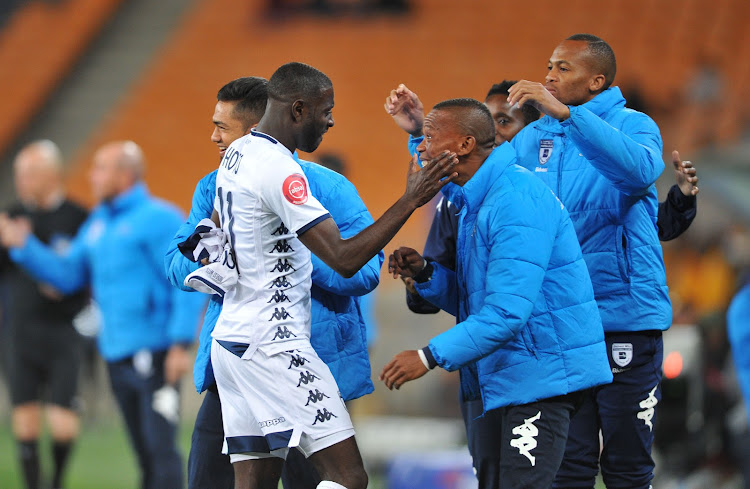 Bidvest Wits attacker Deon Hotto celebrates with teammates after scoring a goal during an Absa Premiership match in August 2018.