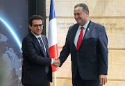 French Foreign Minister Stephane Sejourne shakes hands with his Israeli counterpart Israel Katz, in Jerusalem on April 30 2024.
