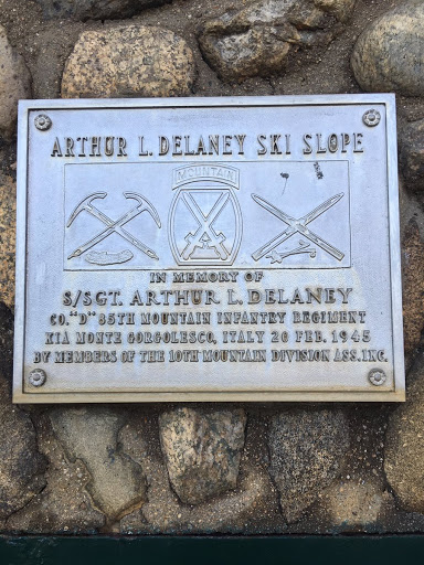 ARTHUR L. DELANEY SKI SLOPE  IN MEMORY OF S/SGT. ARTHUR L. DELANEY CO. "D" 85TH MOUNTAIN INFANTRY REGIMENT KIA MONTE GORGOLESCO, ITALY 20 FEB 1945 BY MEMBERS OF THE 10TH MOUNTAIN DIVISION ASS. INC.