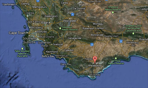 A indicates Bredasdorp on Google Maps