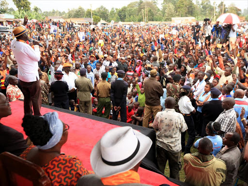 NASA presidential flagbearer Raila Odinga addresses residents of Nyamira at Rigoma stadium, June 16, 2017. /DENNIS KAVISU