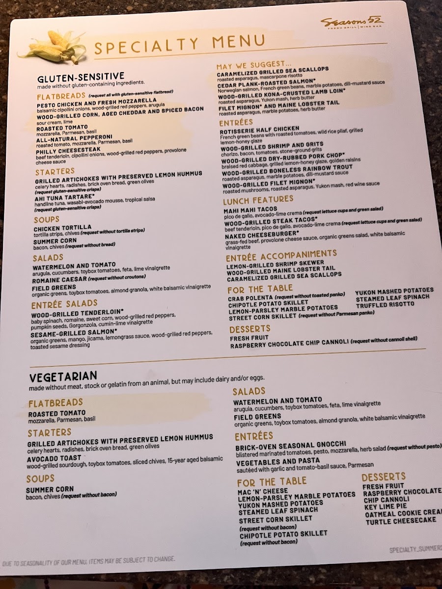 Seasons 52 gluten-free menu