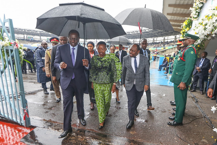 President William Ruto with First Lady Rachel Ruto at the 60th anniversary of the union between the former Republic of Tanganyika and the People’s Republic of Zanzibar, in Dar es Salaam, Tanzania on April 26, 2024.