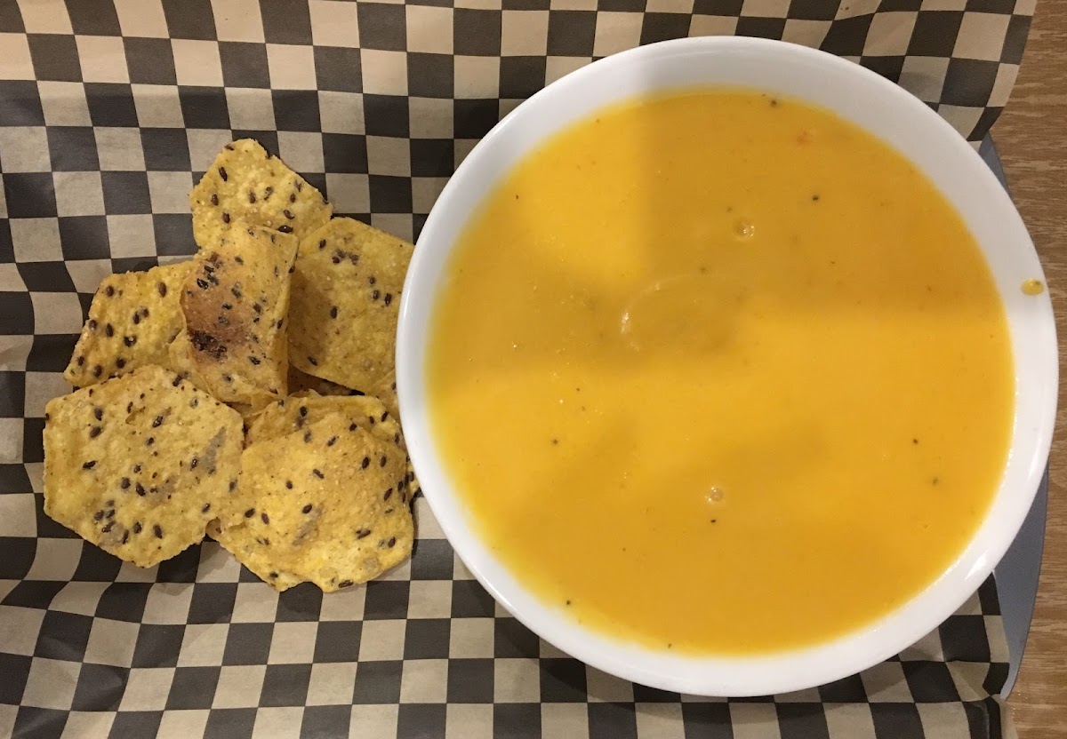 Curried Squash Soup with gluten free chips.