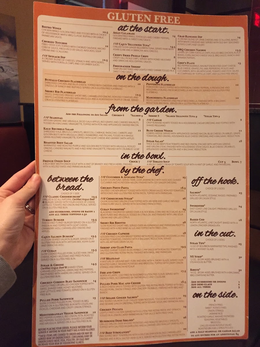 110 Grill gluten-free menu