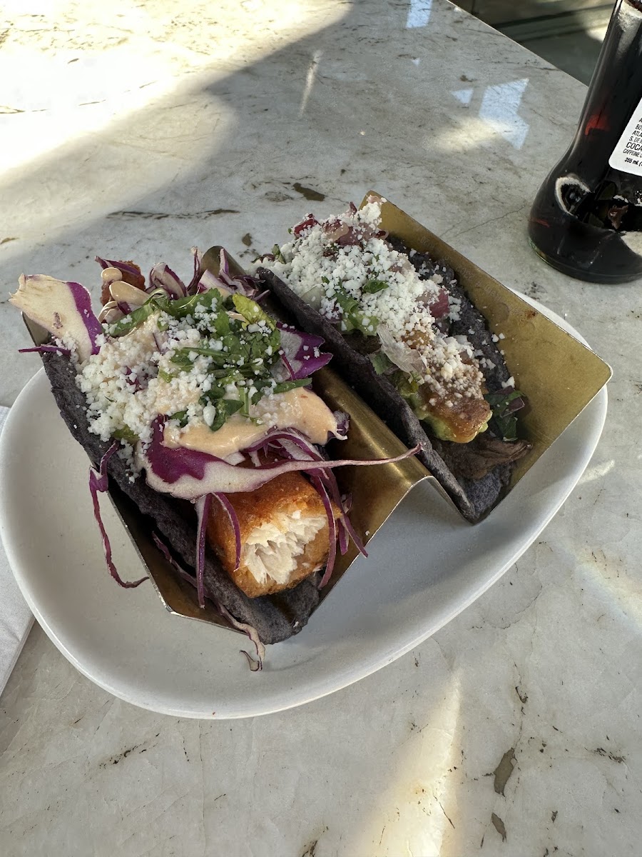 Gluten free fried fish taco and asada taco