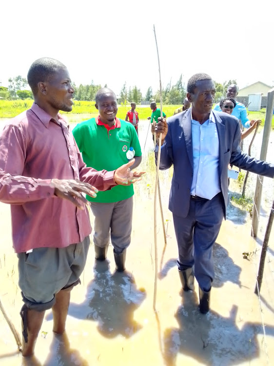 Kenya National Union of Teachers Secretary General Collins Oyuu during the assessment tour of schools in Nyando subcounty, Kisumu county on the affected schools.