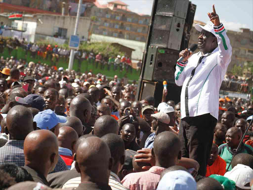 NASA principal Raila Odinga during their rally at Masinde Muliro Grounds in Huruma, Nairobi, March 24, 2017. /JACK OWUOR
