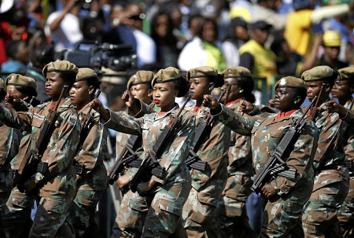 Women soldiers at the inauguration of President Cyril Ramaphosa in Pretoria on May 25. A Muslim soldier in Cape Town, Maj-Gen Fatima Isaacs, appeared before the military court on Tuesday charged with refusing to remove her headscarf.