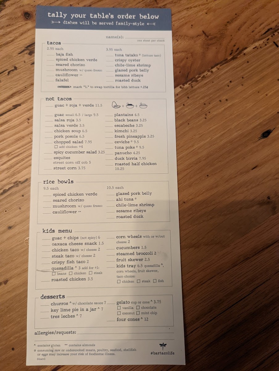 Bartaco gluten-free menu