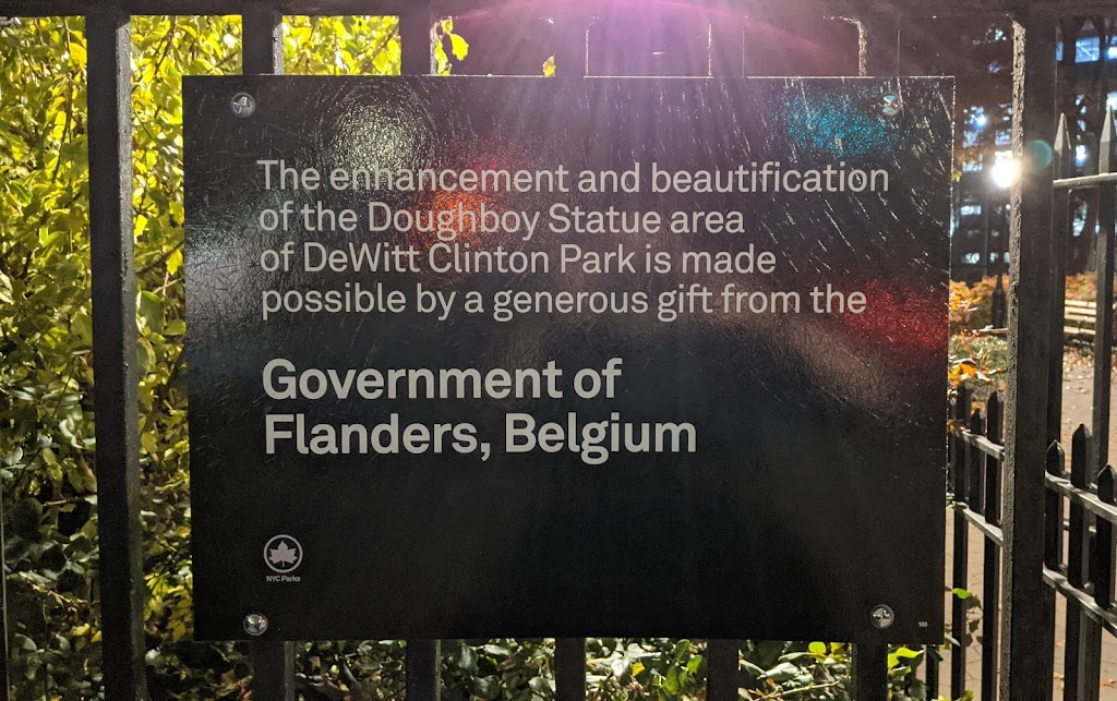 The enhancement and beautification of the Doughboy Statue area of DeWitt Clinton Park is made possible by a generous gift from the Government of Flanders, Belgium NYC ParksSubmitted by @lampbane