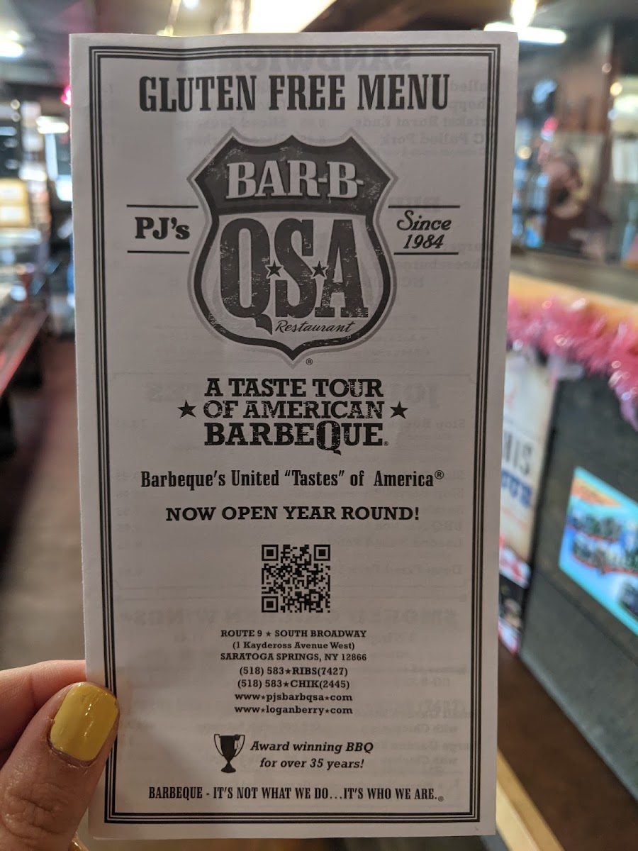 PJ's BAR-B-QSA gluten-free menu