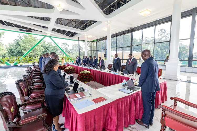 President William Ruto leads cabinet members in a prayer session during the meeting at Statehouse, Nairobi on April 30, 2024.