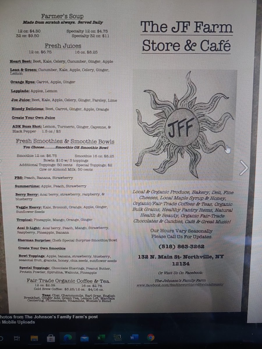 J.F. Farm Store & Cafe gluten-free menu