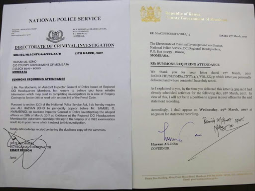 The summonses and the response from Governor Hassan Joho over claims that he forged his 1992 KCSE certificate. /COURTESY
