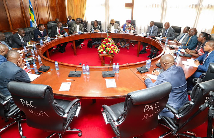 National Assembly Speaker Moses Wetang'ula and PSC commissioners hold a meeting with Nairobi Governor Johnson Sakaja on February 19,2024.