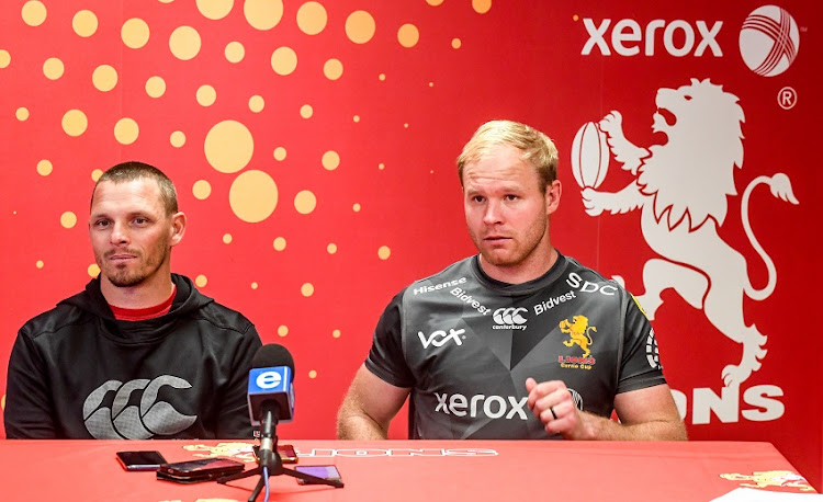Ivan Van Rooyen (coach) of the Lions and Ross Cronje (captain) of the Lions during the Xerox Golden Lions XV team announcement at Media Centre, Emirates Airline Park on August 29, 2019 in Johannesburg, South Africa.