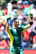 Faf du Plessis of the Proteas celebrates his 100 runs during the 2nd Momentum ODI Series match between South Africa and Australia at Bidvest Wanderers Stadium on October 02, 2016 in Johannesburg, South Africa. (Photo by Lee Warren/Gallo Images)