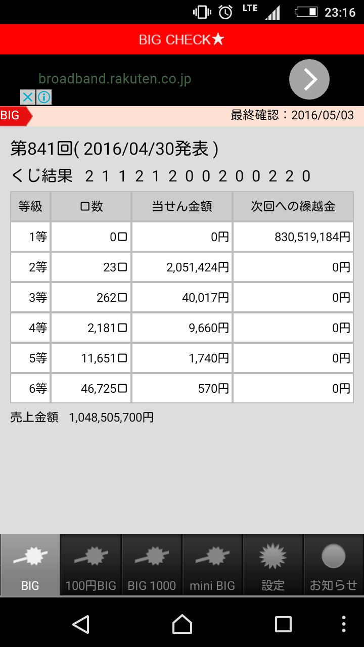 Android application サッカーくじ、BIGの当選速報・結果速報 screenshort