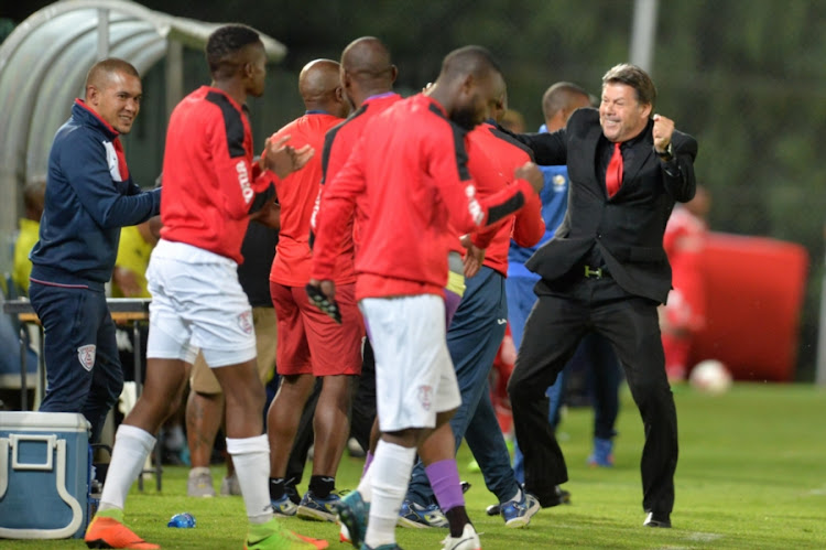 Free State Stars head coach Luc Eymael celebrates during the Absa Premiership match against Bidvest Wits at Bidvest Stadium on January 05, 2018 in Johannesburg, South Africa.