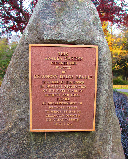 THIS AZALEA GARDEN DESIGNED AND PLANTEDBYCHAUNCEY DELOS DEADLEIS NAMED IN HIS HONORIN GRATEFUL RECOGNITION OF HIS FIFTY YEARS OF FAITHFUL AND LOYAL SERVICEAS SUPERINTENDENT OF BILTMORE ESTATETO...
