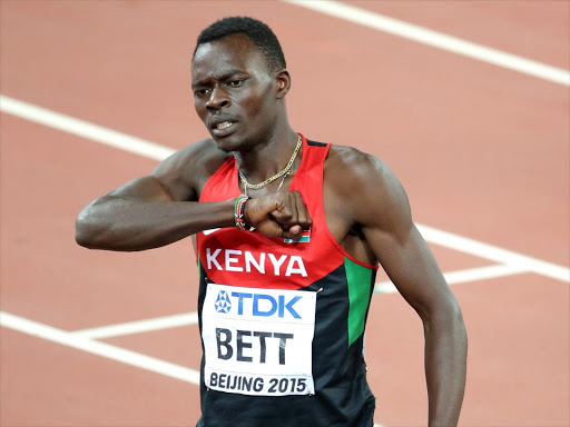 BEIJING, CHINA - AUGUST 25: Nicholas Bett of Kenya celebrates after winning gold in the Men's 400 metres hurdles final during day four of the 15th IAAF World Athletics Championships Beijing 2015 at Beijing National Stadium on August 25, 2015 in Beijing, China. (Photo by Lintao Zhang/Getty Images for IAAF) *** Local Caption *** Nicholas Bett