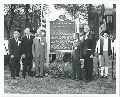 The Edison Institute, founded on this site by Henry Ford and dedicated to Thomas Alva Edison by President Herbert Hoover on October 21, 1929, the fiftieth anniversary of the invention of the...
