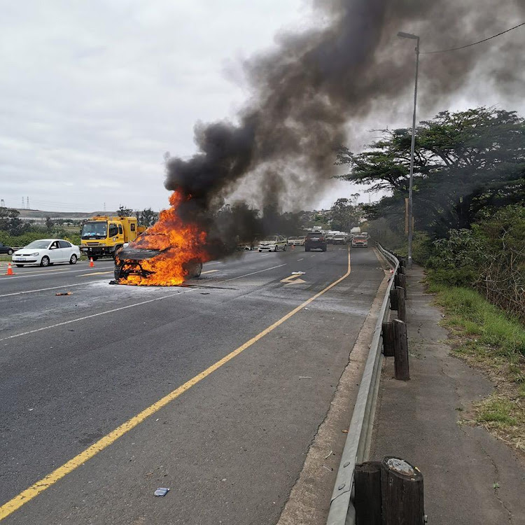 A vehicle burst into flames on Durban's R102 on Saturday.