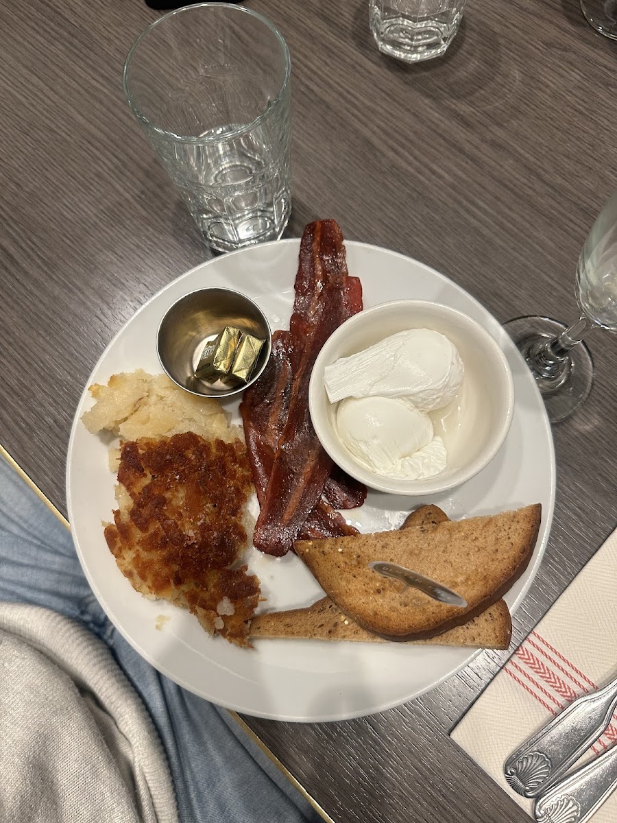 Breakfast plate with turkey bacon and GF bread