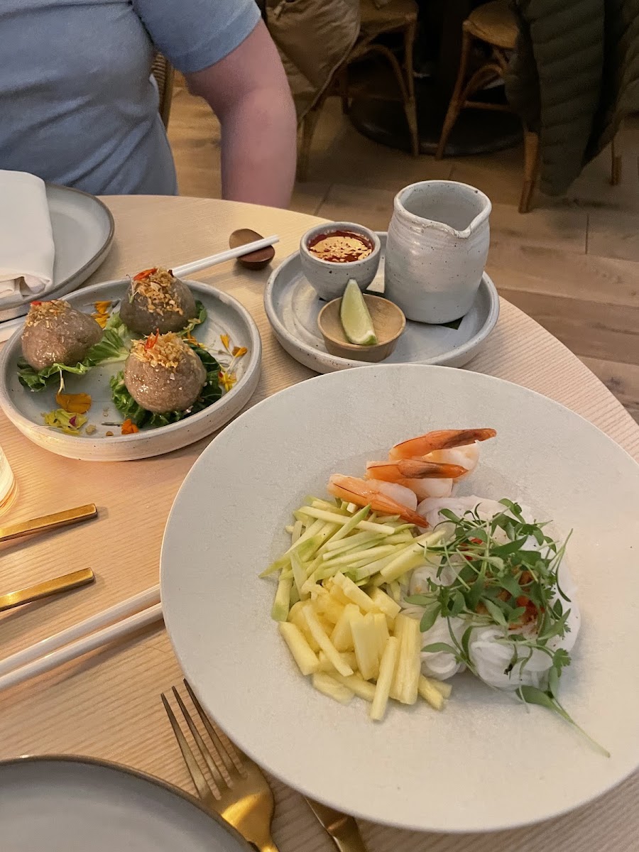 Sakoo (left), Pineapple Noodles (right) with warm coconut broth and spicy vinaigrette (top)