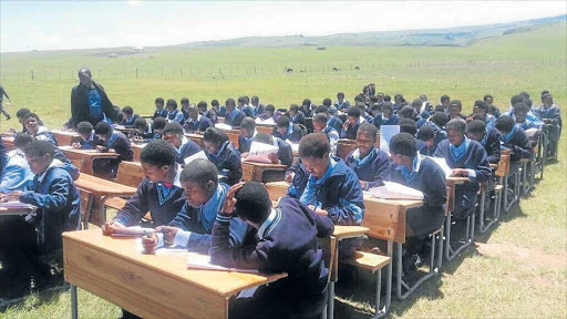 IMAGE THAT WENT VIRAL: Grade 10 pupils from Xhentse Senior Secondary School writing their final exams in the open, unprotected from the sweltering sun Picture: SUPPLIED