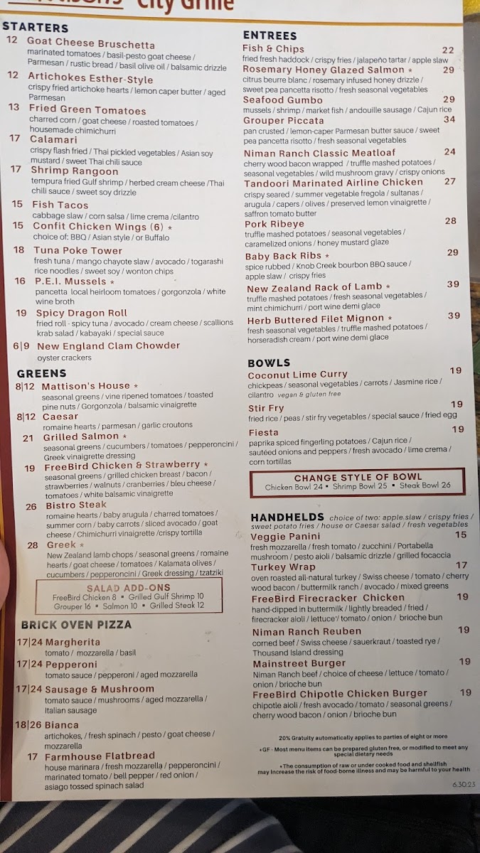 Mattison's City Grille gluten-free menu