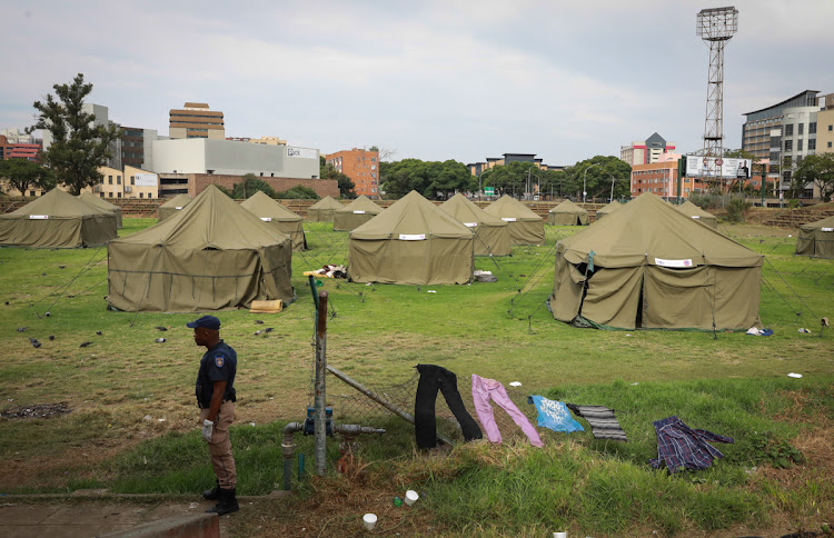 31 March 2020: Tents have been set up to house hundreds of homeless people at Caledonian stadium in Pretoria, where hundreds of homeless people were moved in an effort to curb the spread of Covid-19, to assess the health and living conditions of those living there. The tents are sub-divided with three occupants per section.