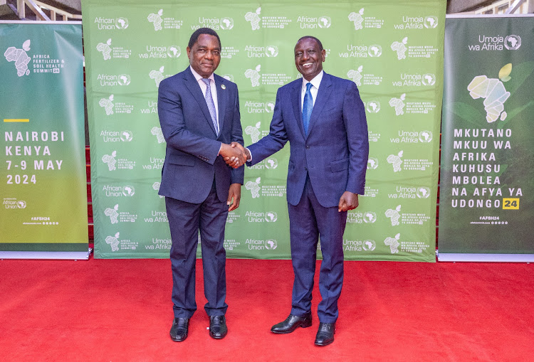 President William Ruto (right) with his Zambia counterpart Hakainde Hichilema at KICC, Nairobi on May 9, 2024.