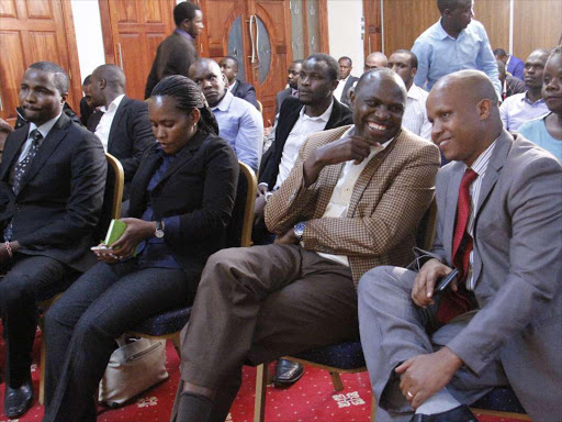 EYE ON THE PRIZE: Former Agriculture Cabinet Secretary Felix Koskei (Second right) and Belgut politician Raymond Cheruiyot (red tie) during a JAP meeting at a Nairobi Hotel on Monday. Youth leaders from JAP affiliated parties were present