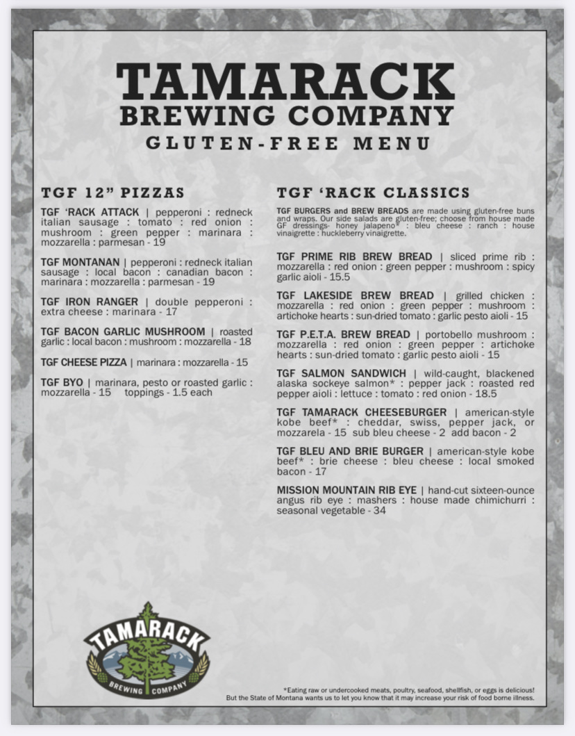 Tamarack Brewing Company gluten-free menu