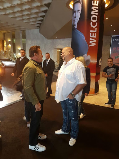 Anorld Schwarzenegger is greeted by Price Wayne on his arrival in Johannesburg ahead of the 2017 Arnold Classic multi-sport festival. Picture credits: Arnold Classic Africa