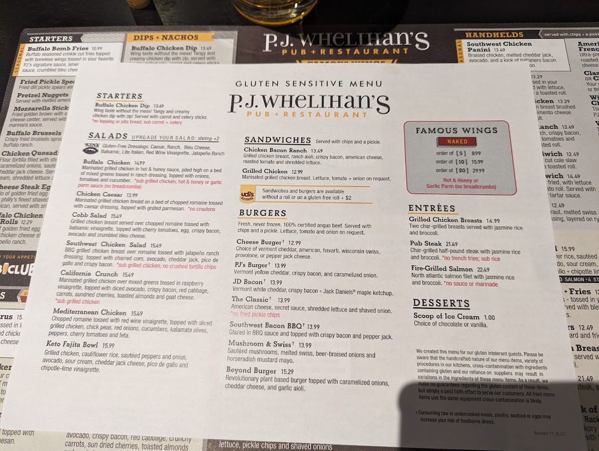P.J. Whelihan’s Pub + Restaurant gluten-free menu