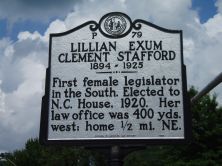 First female legislator in the South. Elected to N.C. House, 1920. Her law office was 400 yds. west; home 1/2 mi. NE.Plaque via North Carolina Highway Historical Marker Program, and is used with...