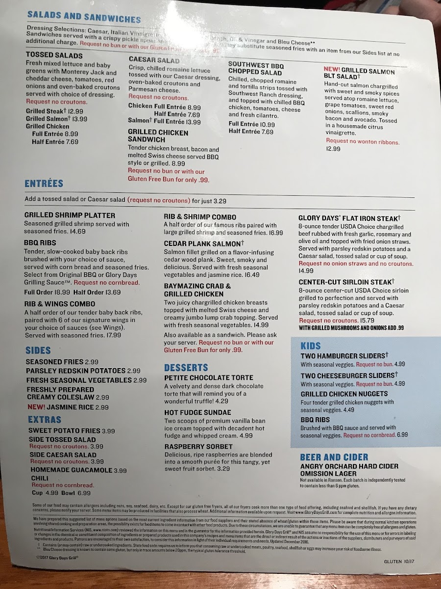 Glory Days Grill gluten-free menu